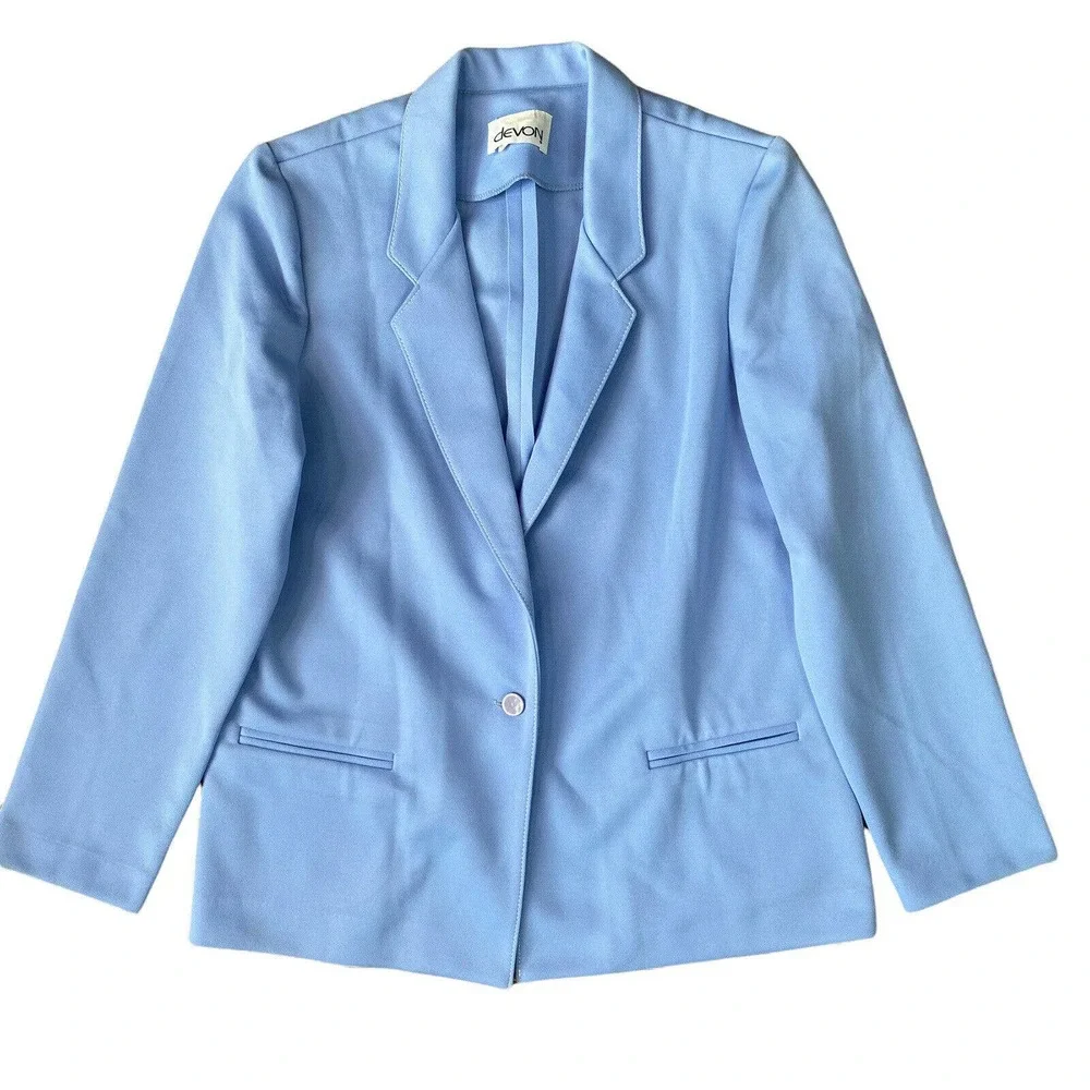 Vintage Blue Polyester Blazer Shoulder Pads Sz 14 USA Union Made - Picture 1 of 7